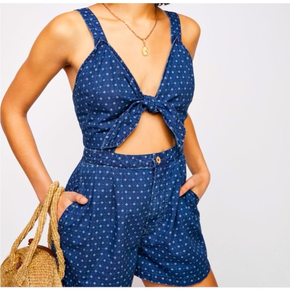 Free People Take Me Somewhere Chambray Denim Tie Front Romper